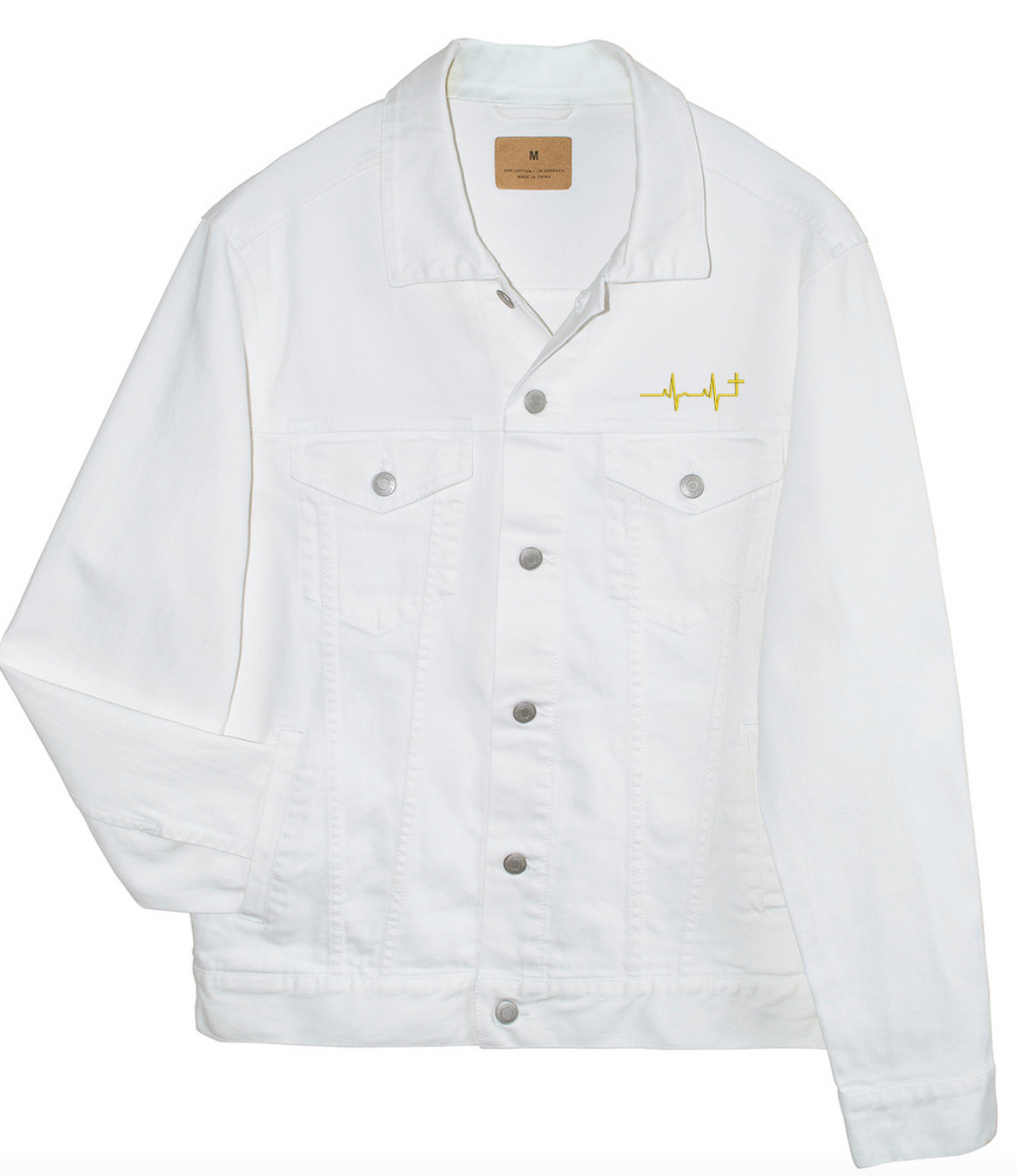 Pain To Purpose Embroidered Gold Heartbeat Cross Denim Jacket