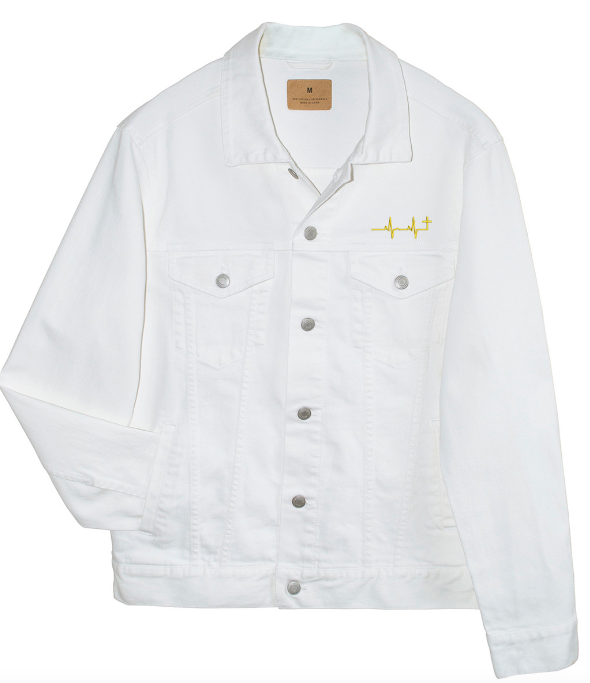 Pain To Purpose Embroidered Gold Heartbeat Cross Denim Jacket